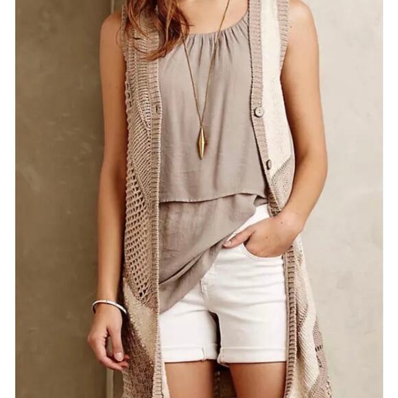 Anthropologie Sweater Vest Medium Tan Hemp Blend Patchwork Hippie Boho - Picture 1 of 11